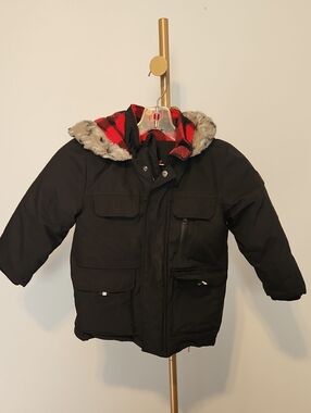 Kids Black Winter Parka Jacket with Faux Fur Hood